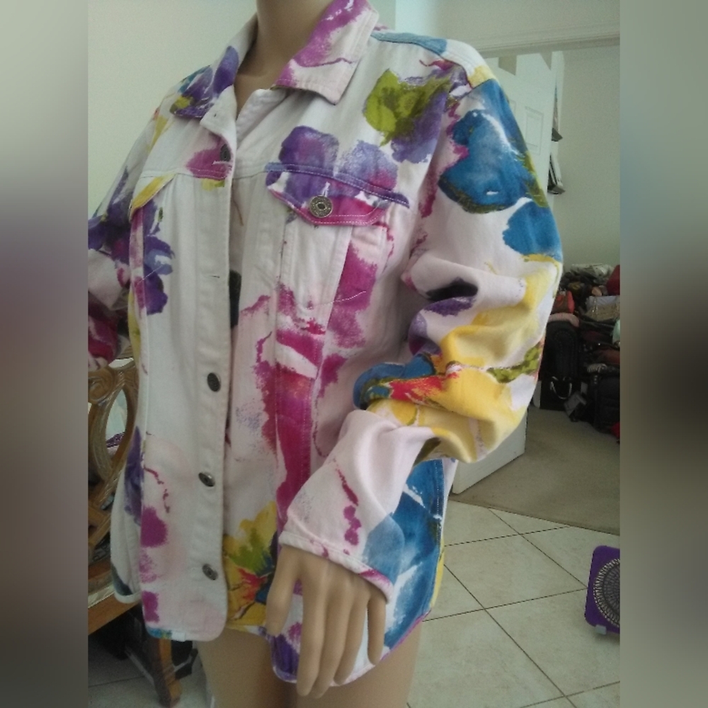 VINTAGE CHICOS ADORABLE INK BLOT FLORAL Multicolor Women's Denim Jacket SZ.3 - Picture 7 of 7